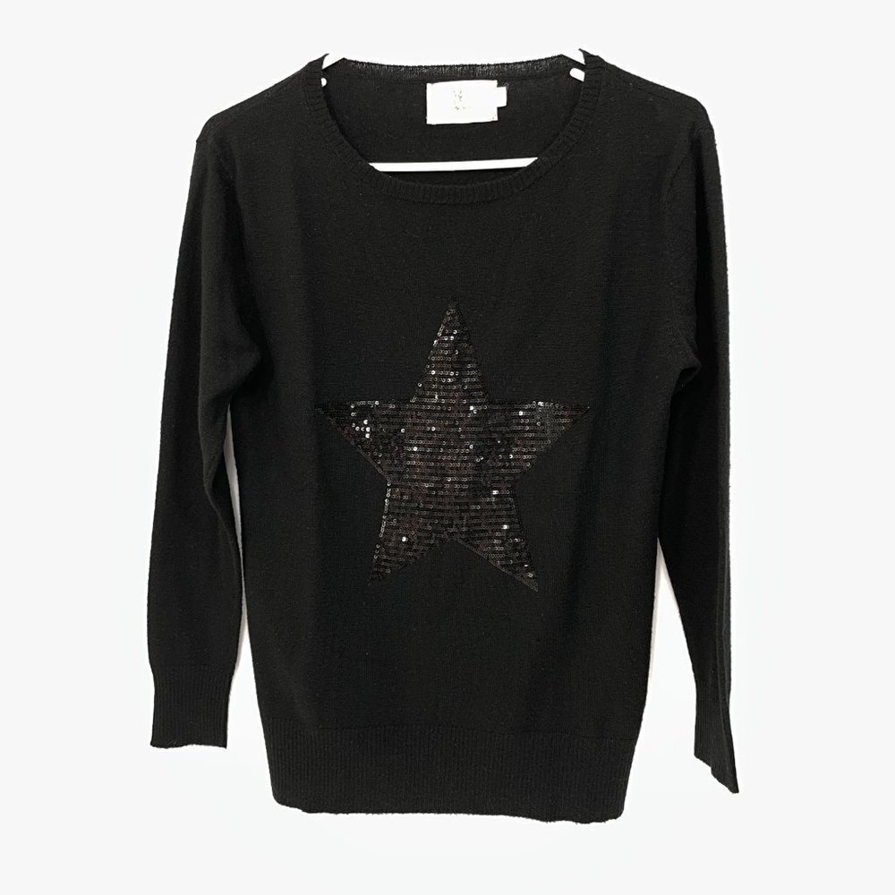 Sophie Moran Size XS Merino Wool Blend Sequin Star Light Sweater  Black Pullover